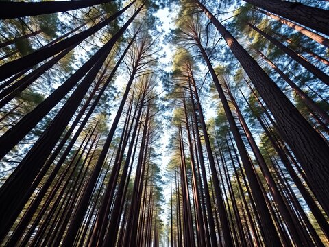 Dense grove of tall pine trees reaching towards the sky, creating a majestic, natural cathedral effect, woodland, forest