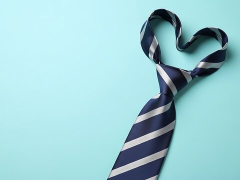 A blue and silver striped necktie arranged into a heart shape on a light blue background.