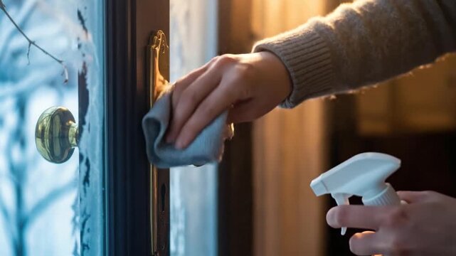 Hands cleaning window with spray and cloth