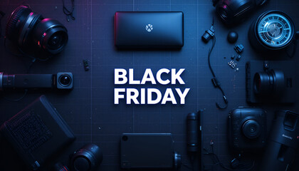 Black friday sale with cameras and electronics on a dark blue background promotional advertisement image