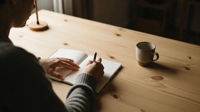 Person writing in notebook at wooden table with coffee cup and lamp
