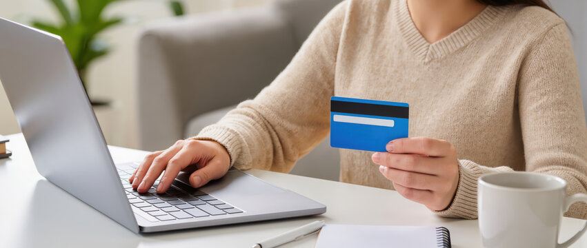 Female hands typing on laptop keyboard while holding credit card near coffee cup and notebook.