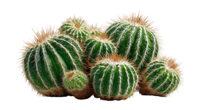 Close-up of a prickly green desert cactus succulent in a pot, isolated on white background
