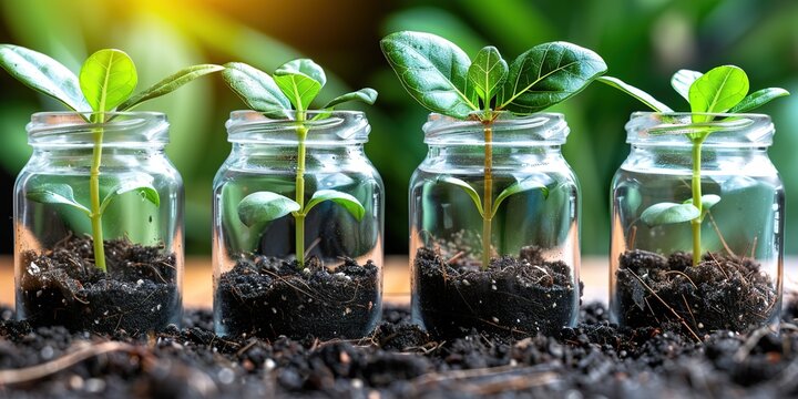 Fresh seedlings growing in glass jars symbolize new beginnings and sustainable growth