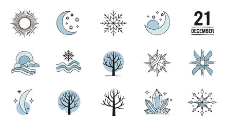 A collection of winter-themed line art icons including sun, moon, stars, snowflakes, waves, trees, crystals, and the date December 21st.