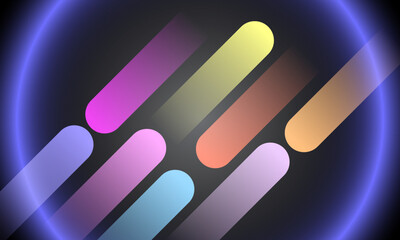 pink yellow blue geometric shape on black with glow blue circle neon light center abastract background