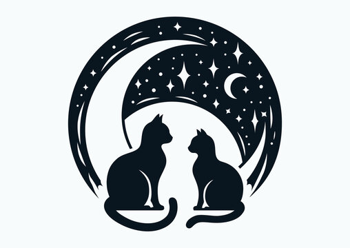 Cute cat couple in love against backdrop of starry sky