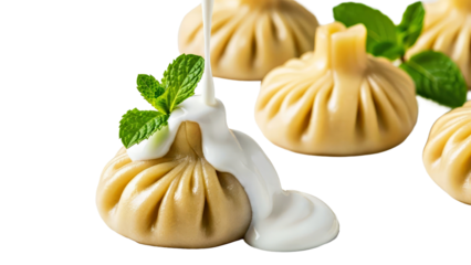 Artistic Close-up: Steamed Dumplings with Cream and Mint Drizzle