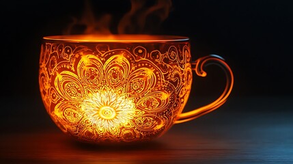 Tea cup with intricate mandala patterns glowing