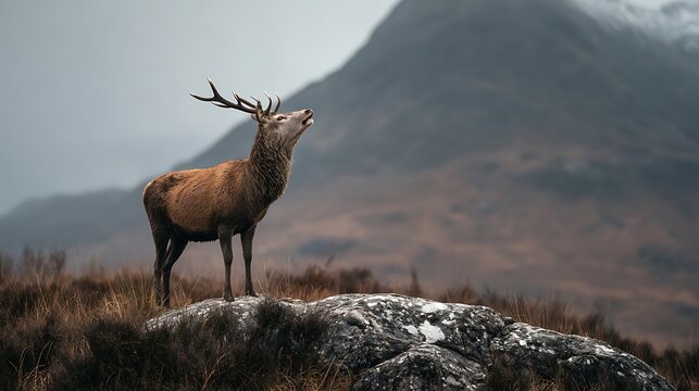 Majestic wild red deer and elk stags with large antlers graze in the brown mountain grass