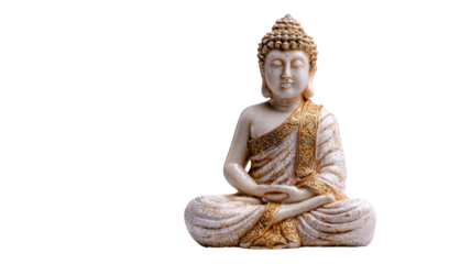 Gold bronze Buddha statue meditating for peace and spiritual zen religion isolated on white