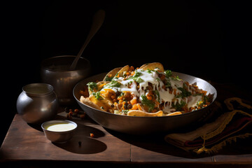 A bowl of loaded nachos with melted cheese, vegetables, and fresh herbs on a wooden table.