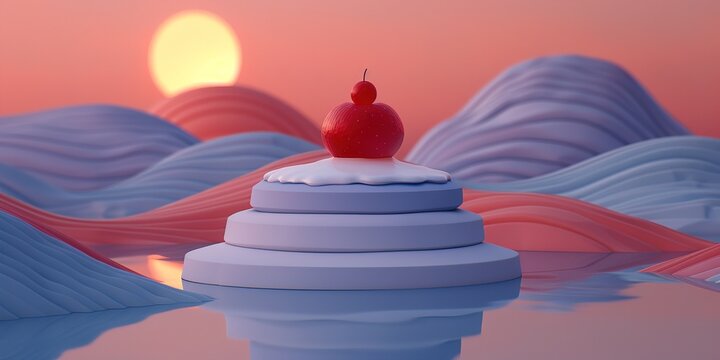 Whimsical dessert creation with cherry accent against a surreal sunset landscape