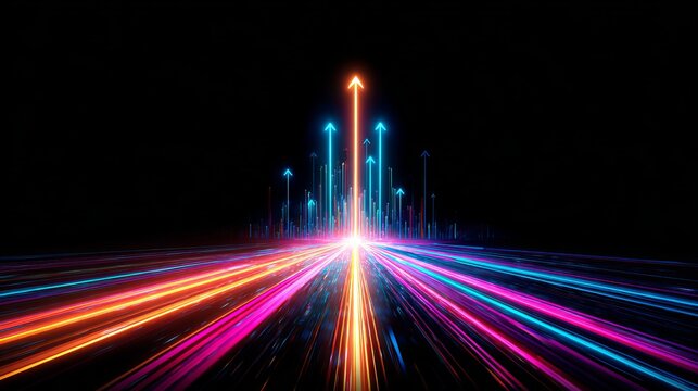 Futuristic neon light highway with glowing upward arrows, vibrant streaks symbolizing speed, growth, and technology progress. - Powered by Adobe
