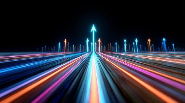 Futuristic neon light highway with glowing upward arrows, vibrant streaks symbolizing speed, growth, and technology progress.