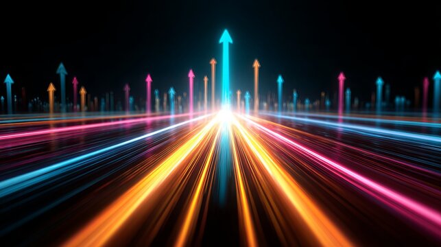Futuristic neon light highway with glowing upward arrows, vibrant streaks symbolizing speed, growth, and technology progress. - Powered by Adobe