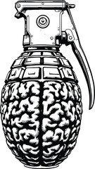 Black Silhouette Vector of Hand Grenade with Brain-Shaped Body Symbolizing Explosive Thought, Mental Conflict, and Cognitive Power