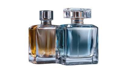 Luxury glass perfume bottle isolated on white background, showcasing a transparent container of scented liquid fragrance and cosmetic beauty spray