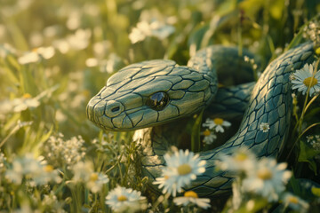 A green snake rests gracefully among white daisies and lush grass under warm sunlight.