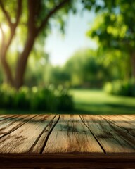 Smooth wooden table surface in the foreground overlooking a sunlit green park in soft blur.
