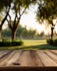 Smooth wooden table surface in the foreground overlooking a sunlit green park in soft blur.