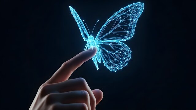 Digital butterfly on finger technology nature and connection concept