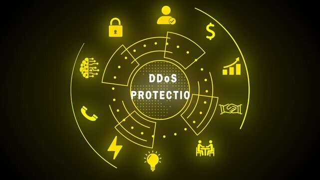 Yellow Digital HUD Interface with D Do S Protection Text and Cyber Security Icons DDoS protection cyber attack