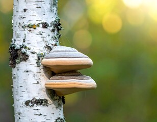 Close-up of mushrooms growing on a birch tree trunk