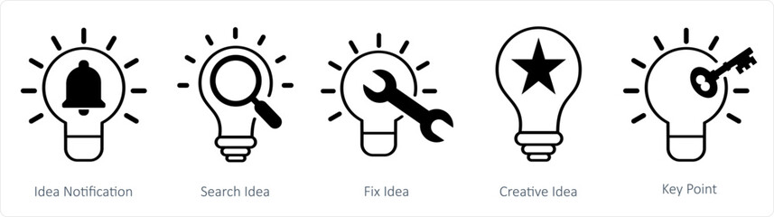A set of 5 business icons as idea notification, search idea, fix idea