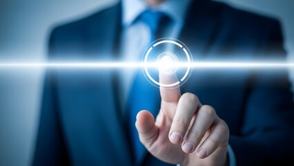 Businessman touching a digital interface with futuristic technology and glowing light