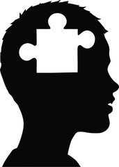 Black Silhouette Vector of Human Head Profile with Missing Puzzle Piece in Brain Area Symbolizing Cognitive Gaps and Mental Complexity