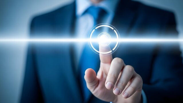 Businessman touching a digital interface with futuristic technology and glowing light