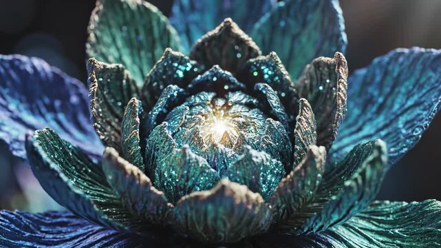 Mystical Bloom Unveiled: A captivating macro shot reveals an otherworldly flower, its petals adorned in shades of turquoise and teal, radiating an ethereal glow from its heart.