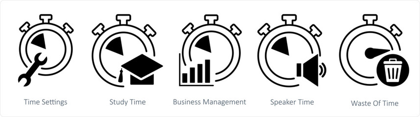 A set of 5 business icons as time settings, study time, business management