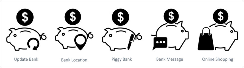 A set of 5 business icons as update bank, bank location, piggy bank