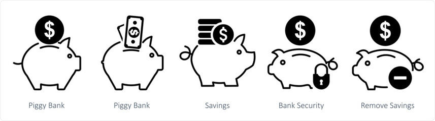 A set of 5 business icons as piggy bank, savings, bank security