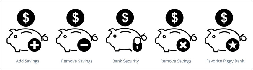 A set of 5 business icons as add savings, remove savings, bank security