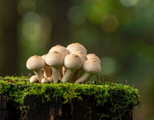 Close-up of mushrooms growing on a mossy tree stump in a forest