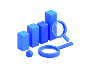 Blue data bars, sphere, & magnifying glass
