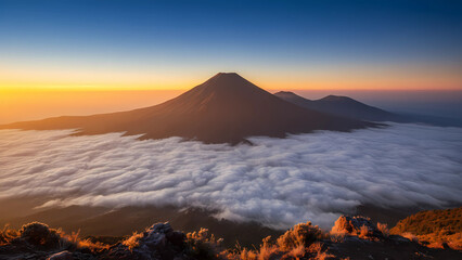 View of sunrise and sea of clouds from the majestic volcano