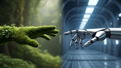 Nature and technology converge humanoid robot hand reaching for mossy hand