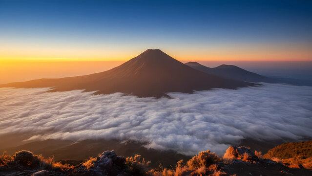 View of sunrise and sea of ​​clouds from the majestic volcano