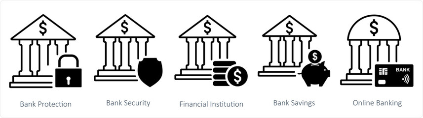A set of 5 business icons as bank protection, bank security, financial institution