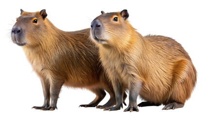 Two adorable capybaras standing side-by-side, captured in a professional studio portrait with a clean, isolated background, showcasing their friendly demeanor and unique appearance.