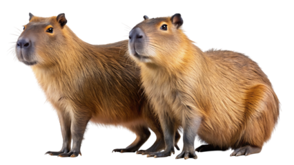 Two adorable capybaras standing side-by-side, captured in a professional studio portrait with a clean, isolated background, showcasing their friendly demeanor and unique appearance.