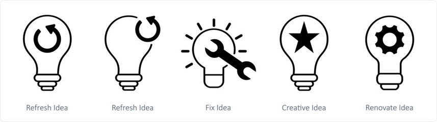 A set of 5 business icons as refresh idea, fix idea, creative idea