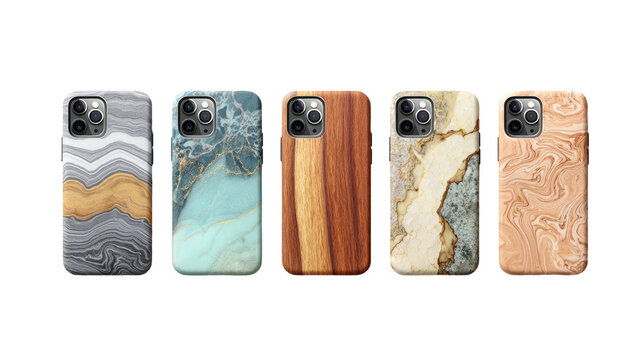 collection of colorful marble pattern smartphone  cases isolated on white background