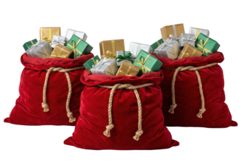 Santa Claus red bags filled presents boxes isolated on white background. Space for text. Christmas elements
