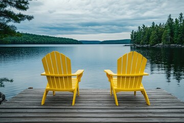 The tranquil lake nestled amidst the dense forest, where the vibrant yellow Adirondack chairs sit on the wooden dock, inviting one to sit and soak in the serene surroundings.