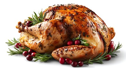 Realistic roasted Thanksgiving turkey isolated on pure white background